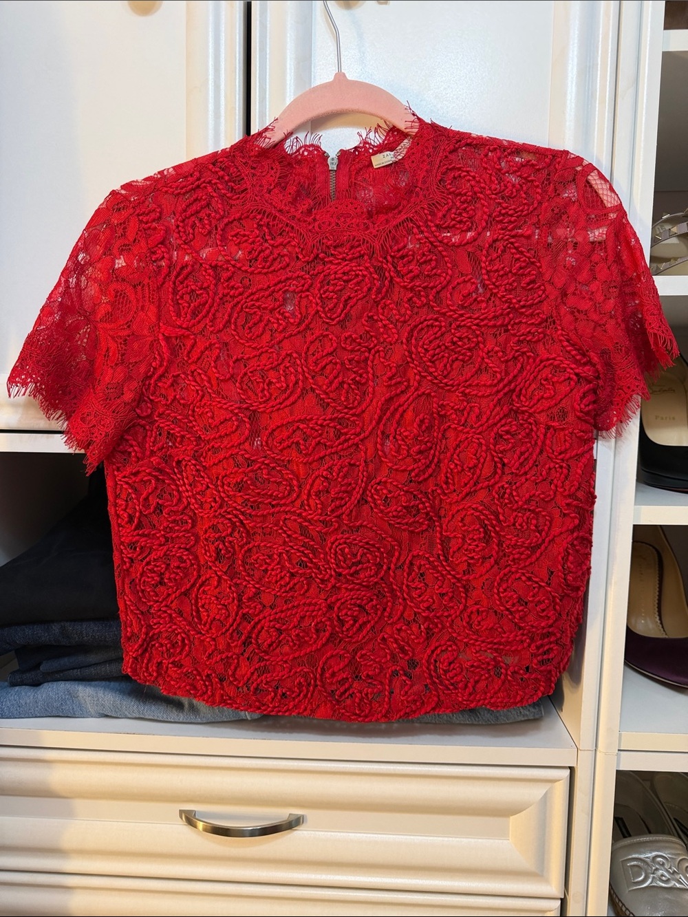 Zara Red Short-Sleeve Lace Floral Appliqué Top